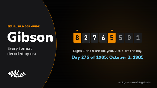 Gibson serial number guide: example serial 82765501, digits 1 and 5 give the year, built October 3, 1985