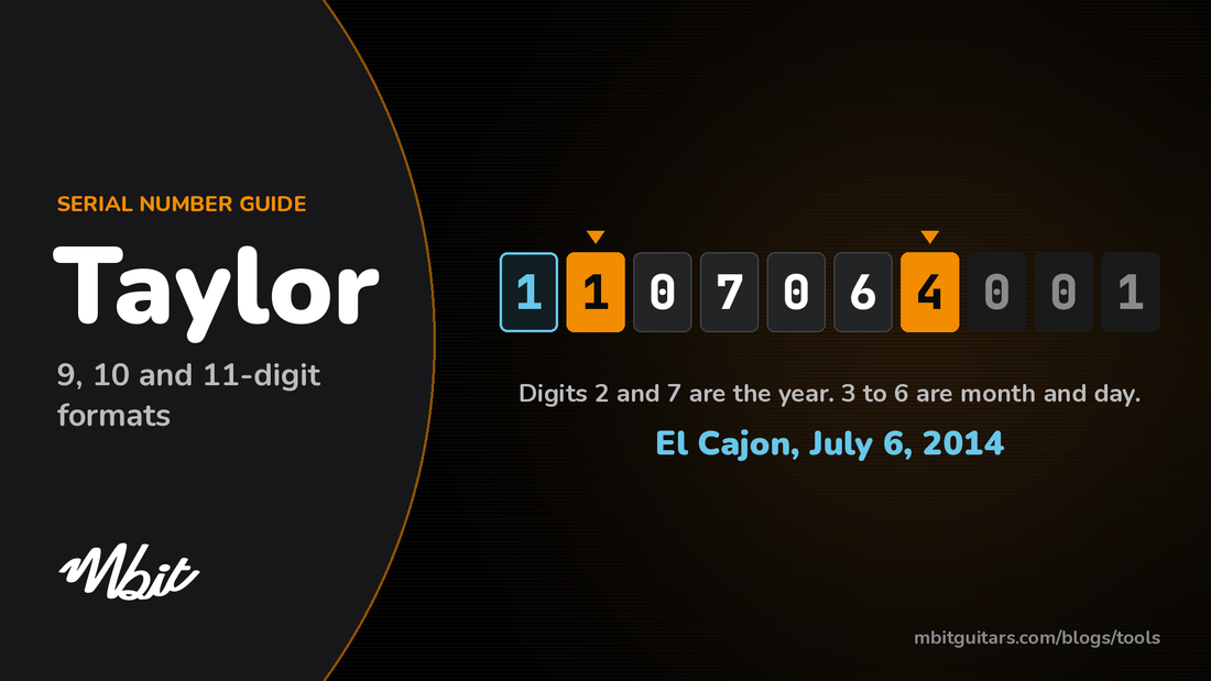 Taylor serial number guide: example serial 1107064001 decoded as El Cajon, July 6, 2014